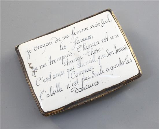 An enamel snuff box with gilt metal mounts, German, mid 18th century, width 3.25in.